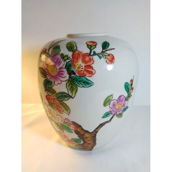 Vintage Bird Floral Vase Round Multi Color Japan Crazing Ceramic Handpainted - Picture 2 of 11